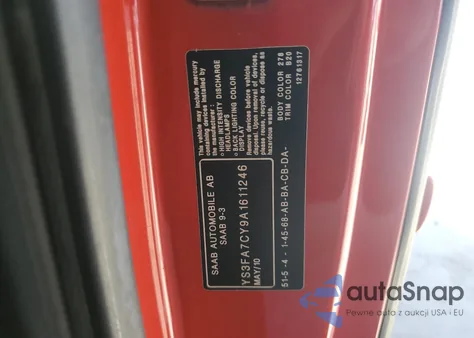 2010 Saab 9-3 2.0T z USA, uszkodzony, nr VIN YS3FA7CY9A1611246